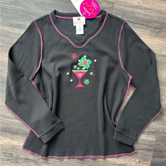 NWT Quacker Factory Martini Shirt Embellished Martini Waffle Knit VNeck Sz Large - Picture 1 of 7